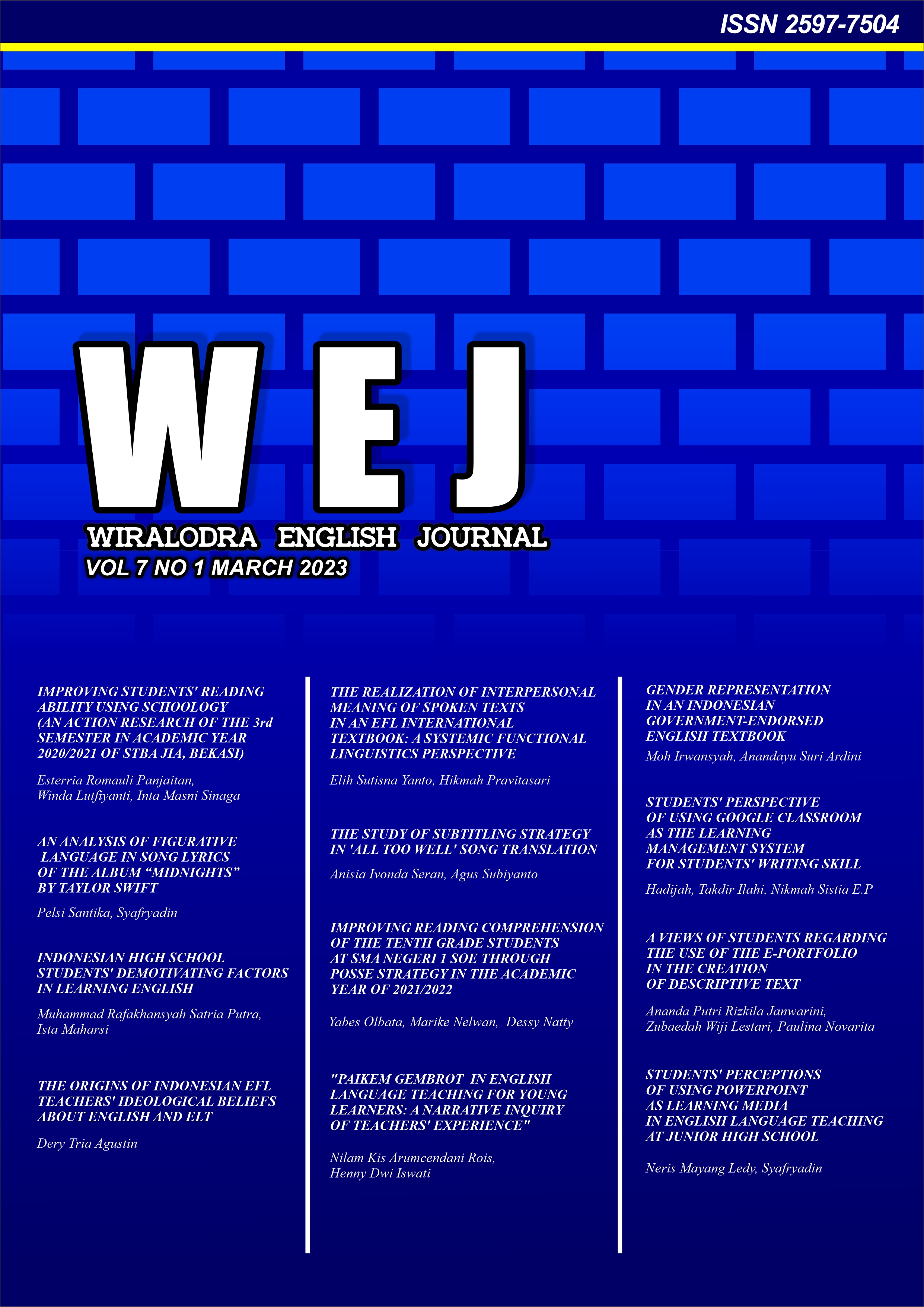 					View Vol. 7 No. 1 (2023): Wiralodra English Journal
				