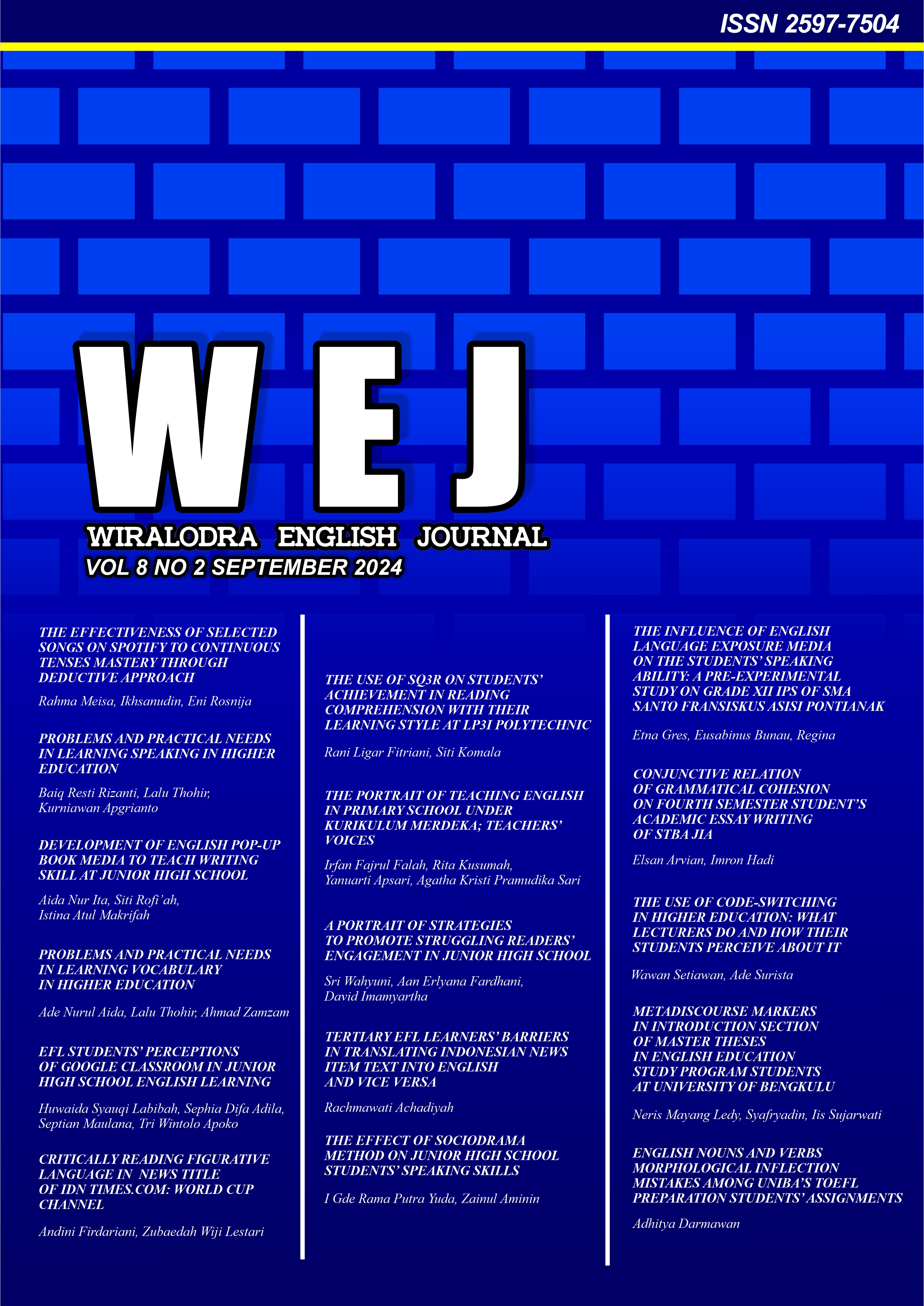 					View Vol. 8 No. 2 (2024): Wiralodra English Journal (WEJ)
				